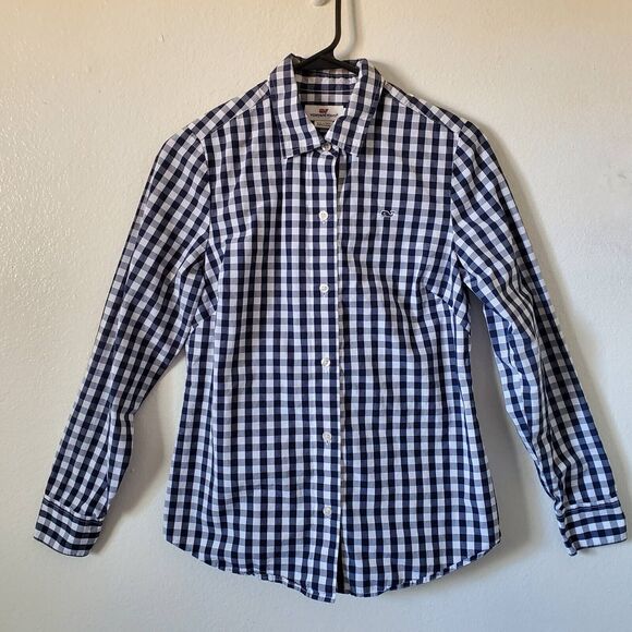 Vineyard Vines Button Front Shirt Womens size 0 Blue Gingham Long Sleeve Tapered - Picture 11 of 12